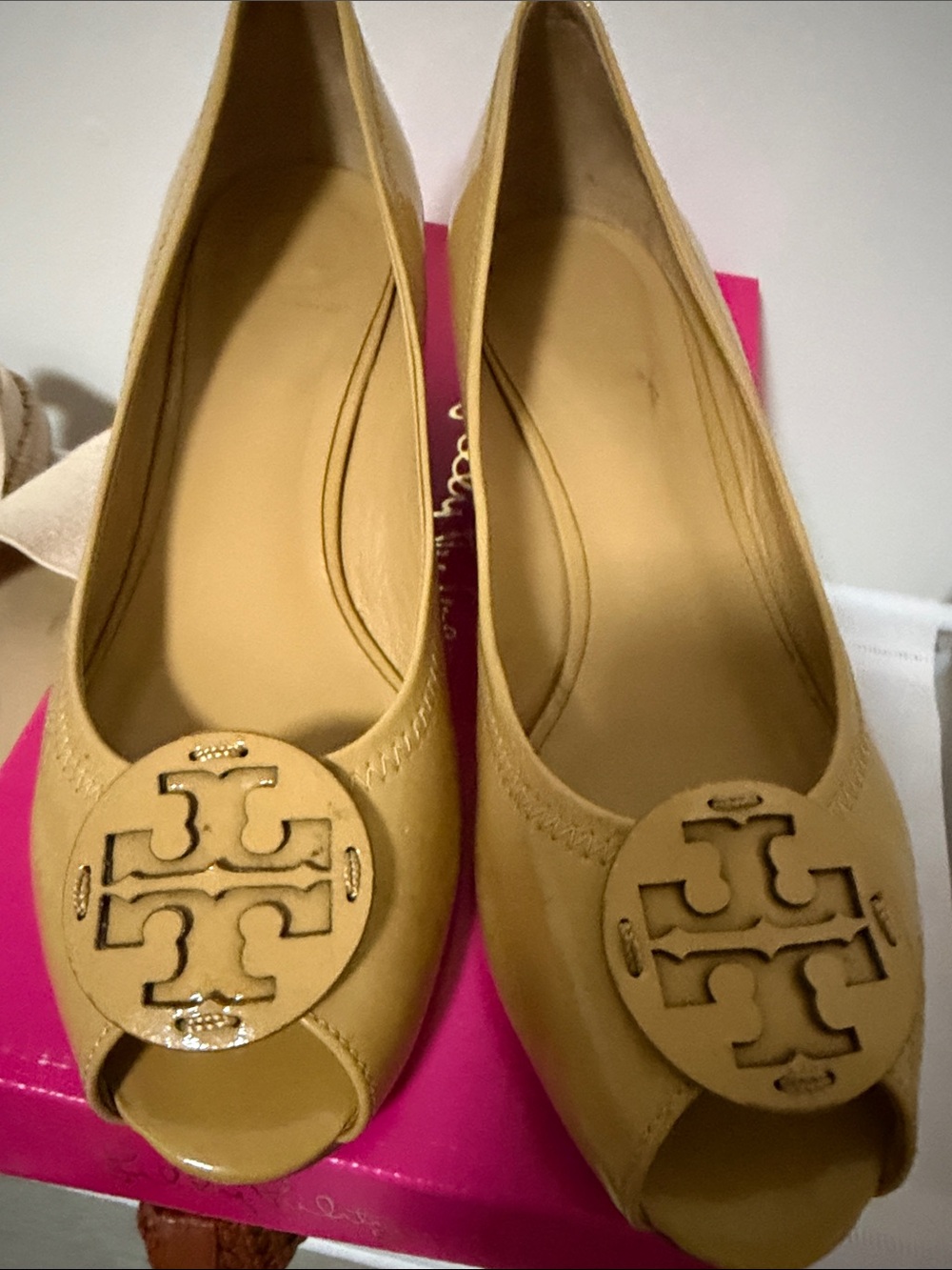 Tory Burch Mustard Tan Leather Peep-Toe Wedges with Logo Medallion